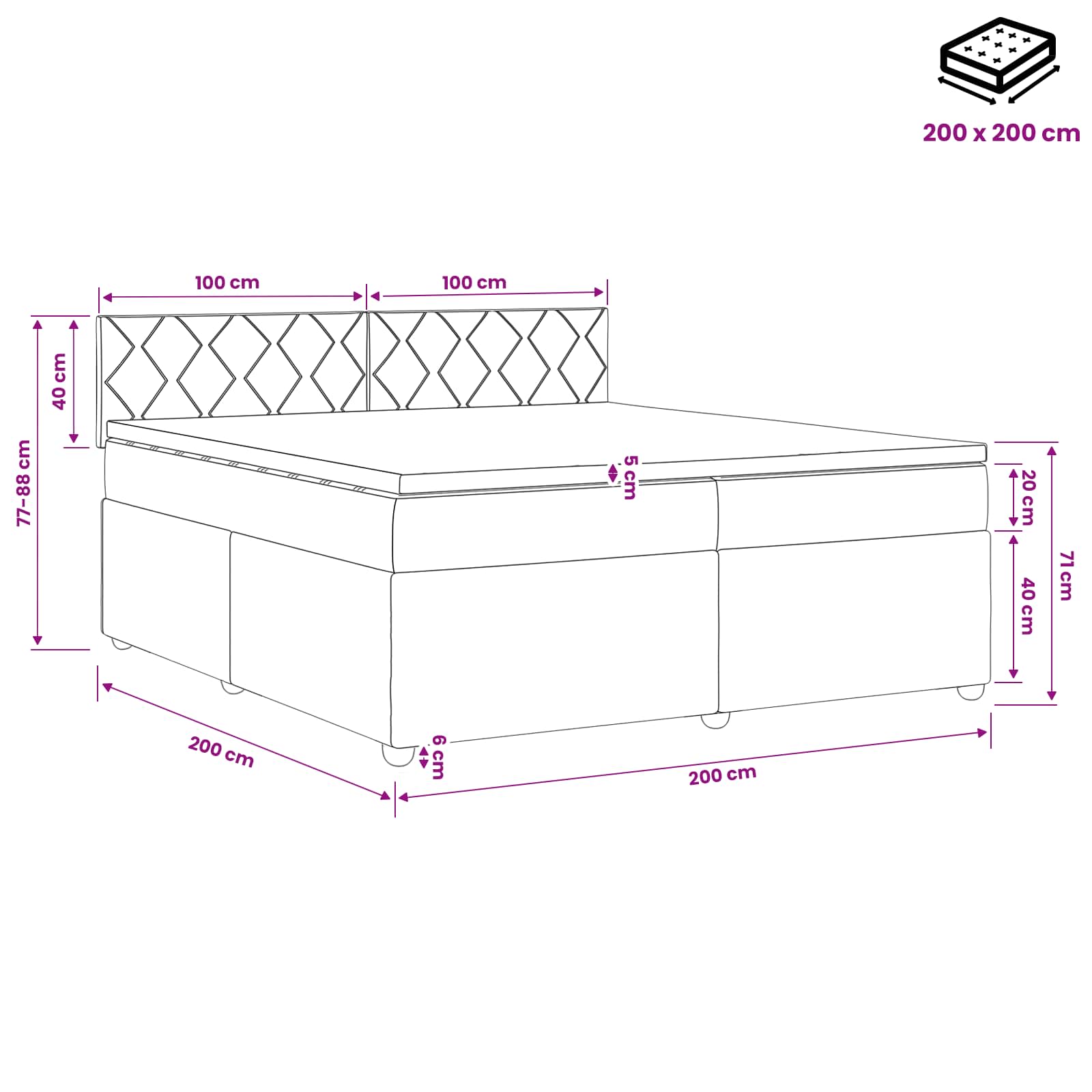 Boxspringbed met matras Lichtgrijs 200 x 200 cm Stof