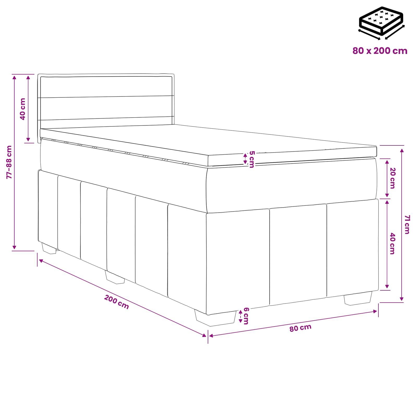 Boxspringbed met matras Donkergrijs 80 x 200 cm Stof