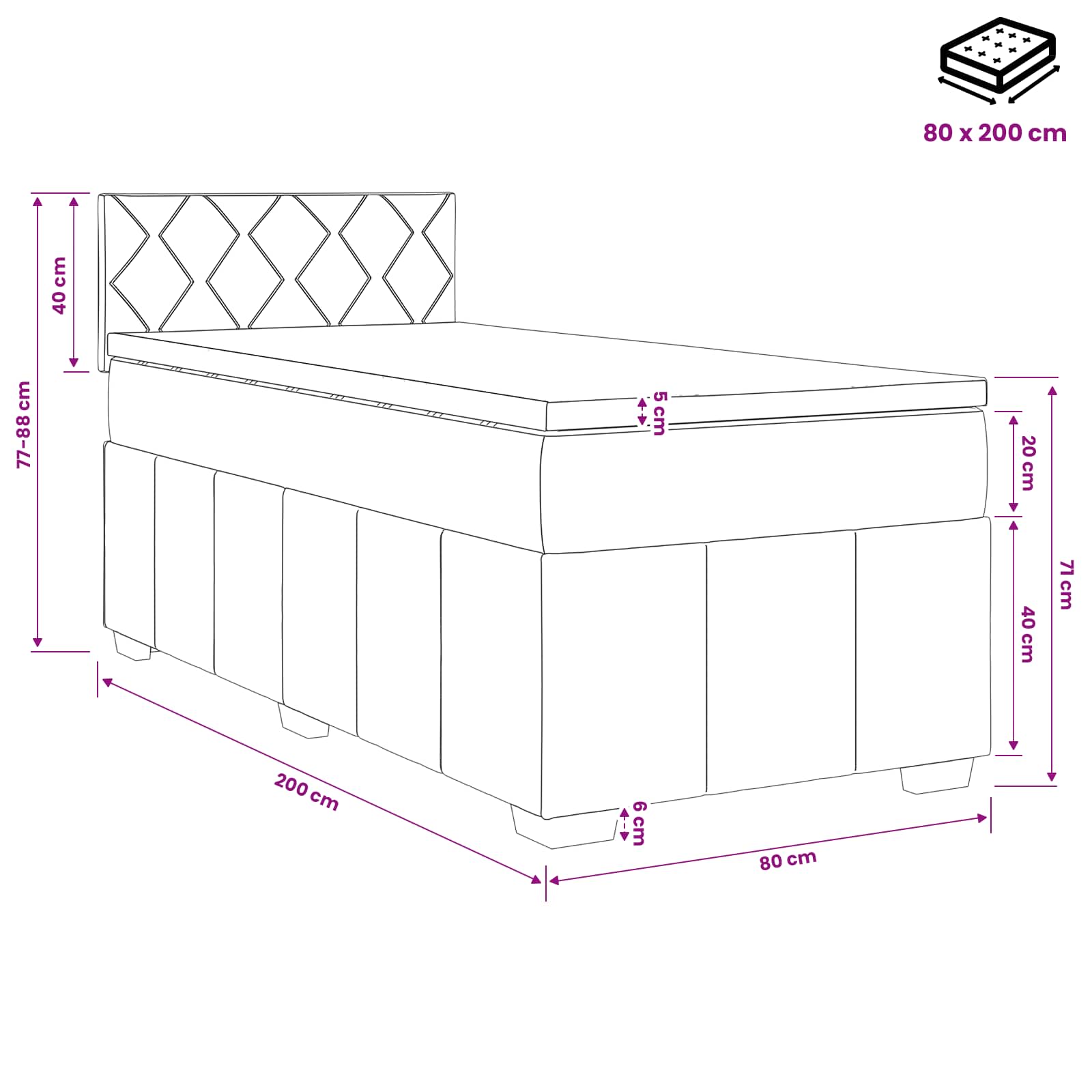 Boxspringbed met matras Lichtgrijs 80 x 200 cm Stof