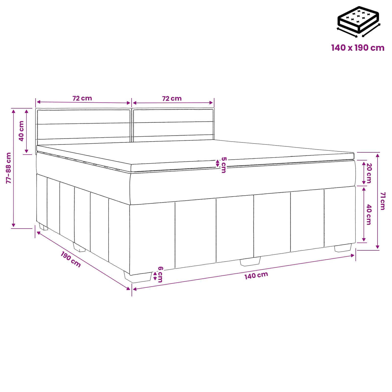 Boxspringbed met matras met hoofdeinde Blauw 140 x 190 cm Stof