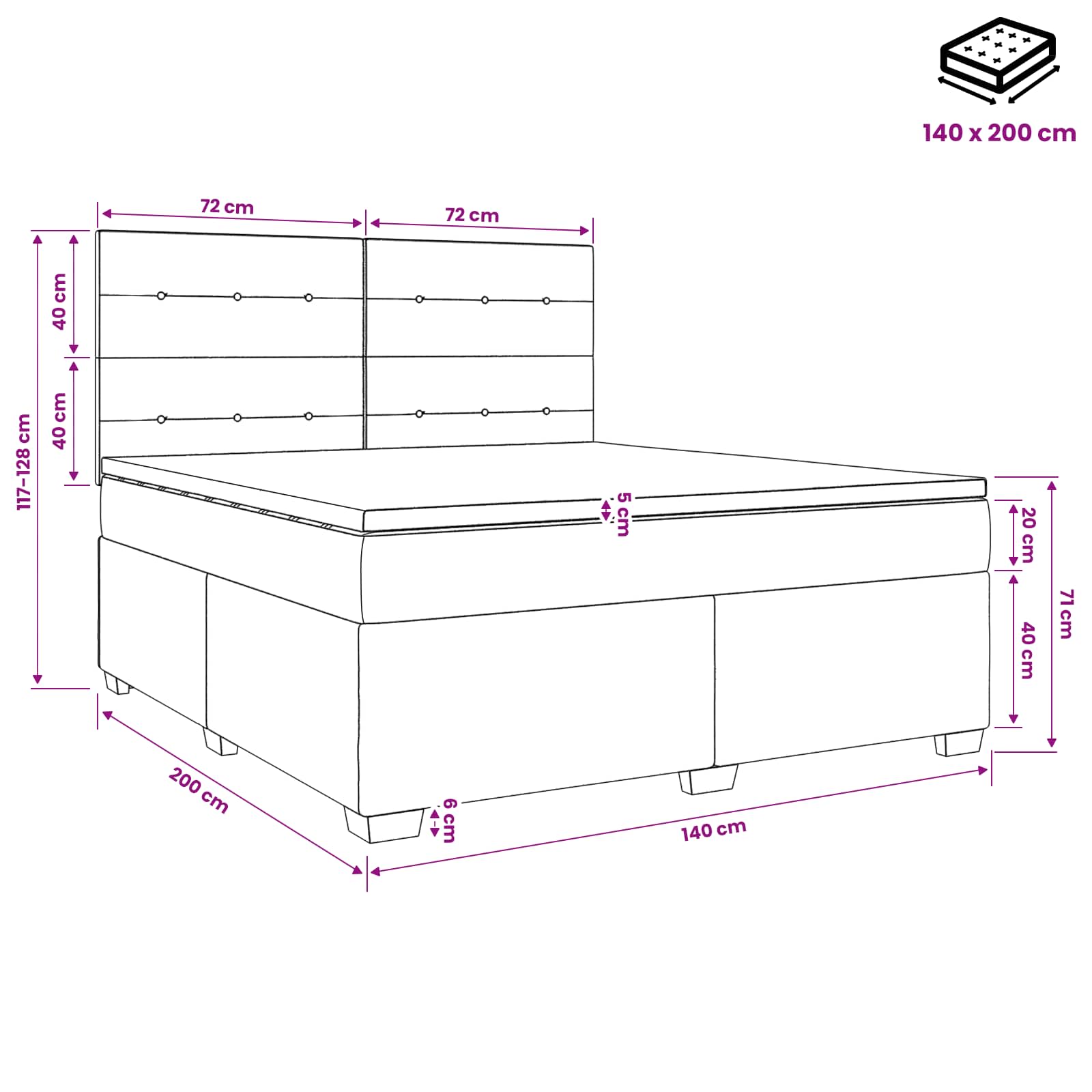 Boxspringbed met matras met hoofdeinde Zwart 140 x 200 cm Stof