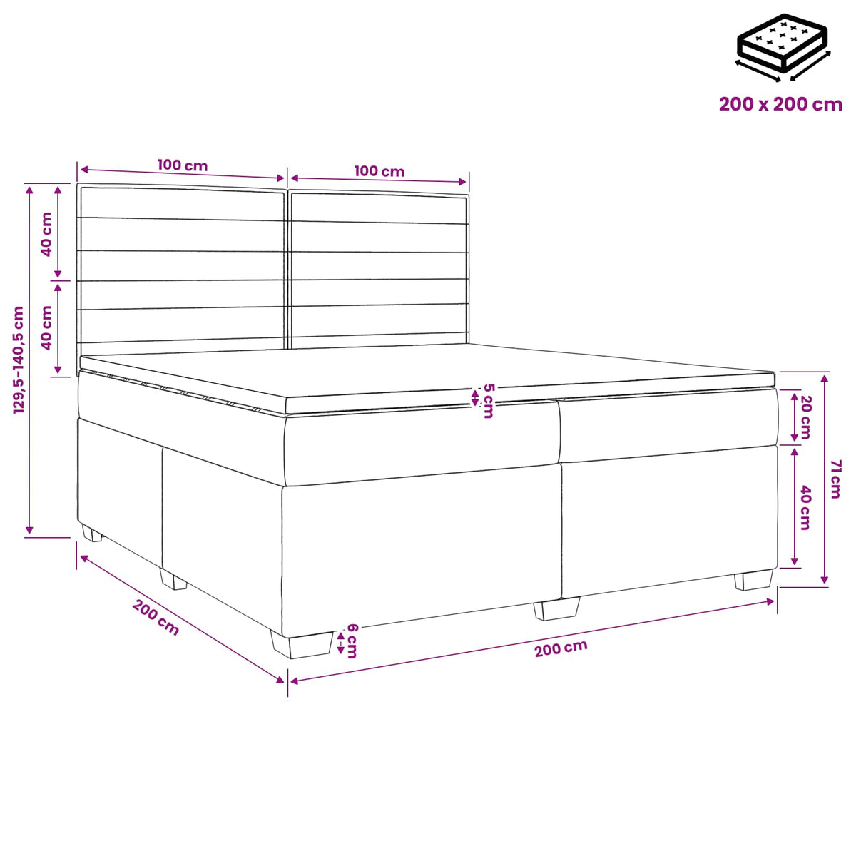 Boxspringbed met matras met hoofdeinde Blauw 200 x 200 cm Stof