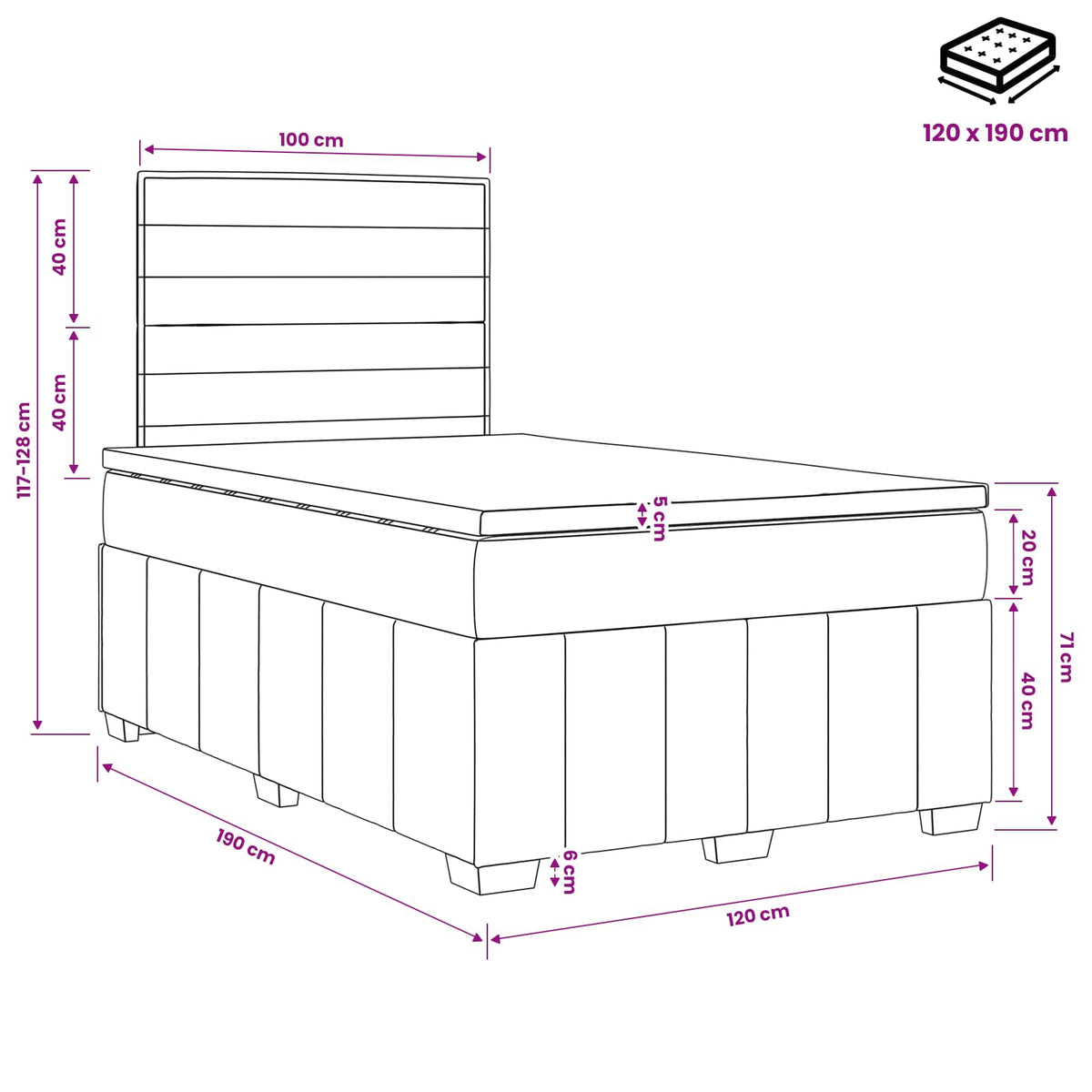 Boxspringbed met matras met hoofdeinde Zwart 120 x 190 cm Stof