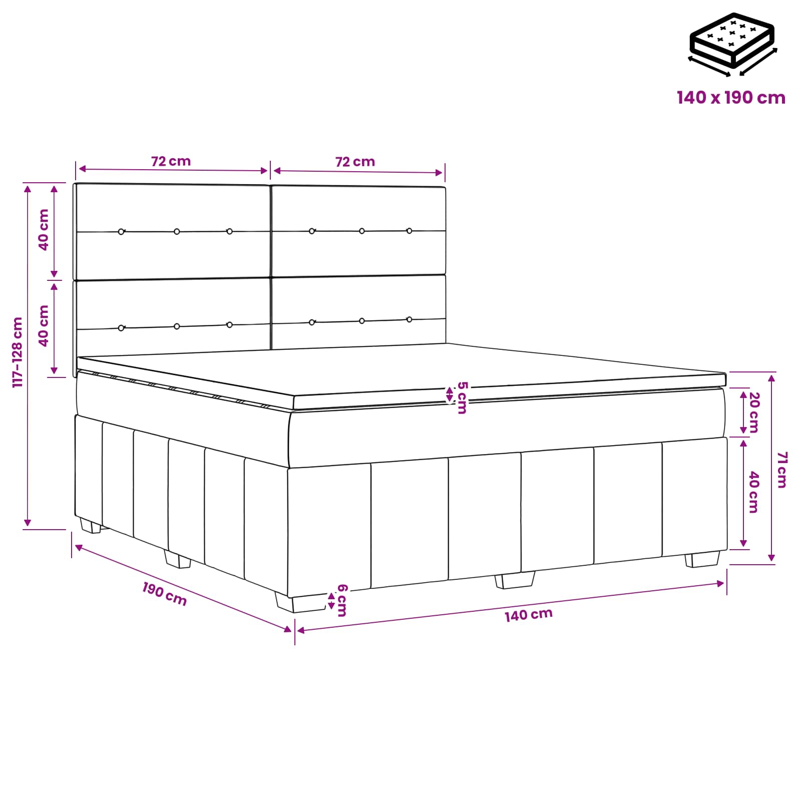 Boxspringbed met matras met hoofdeinde Zwart 140 x 190 cm Stof
