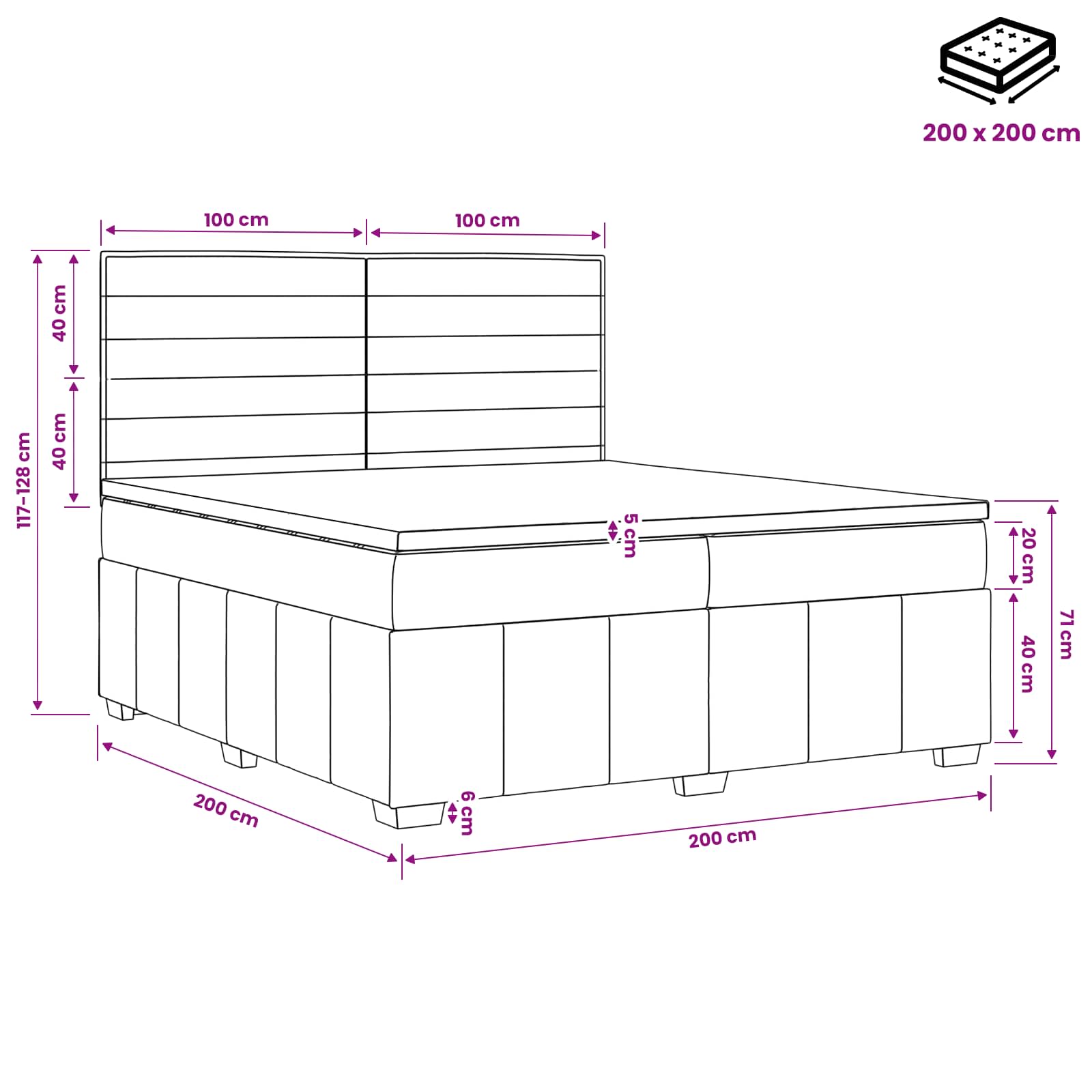 Boxspringbed met matras Lichtgrijs 200 x 200 cm Stof