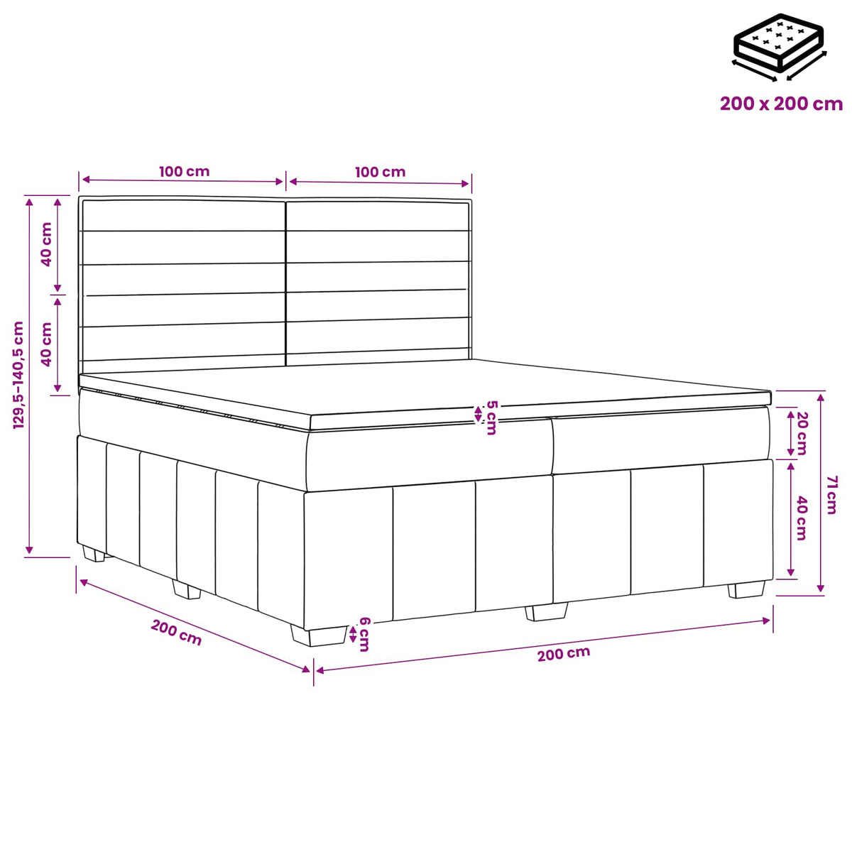 Boxspringbed met matras met hoofdeinde Blauw 200 x 200 cm Stof
