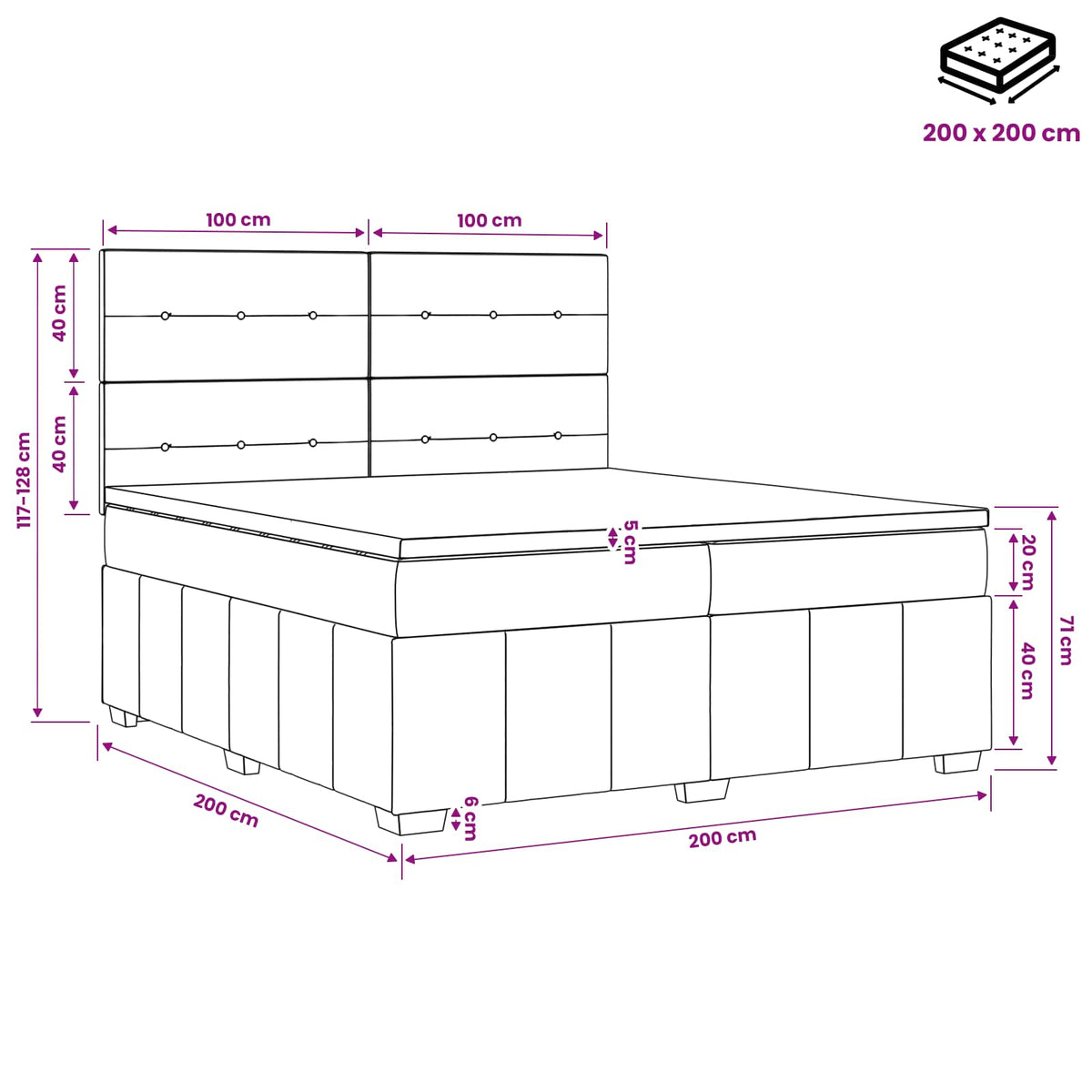 Boxspringbed met matras Lichtgrijs 200 x 200 cm Stof