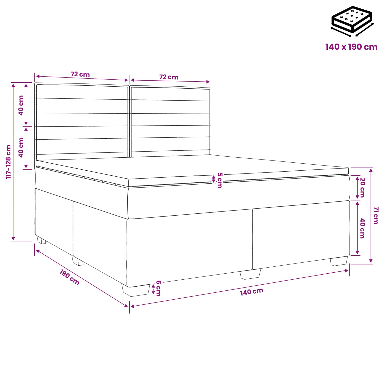 Boxspringbed met matras met hoofdeinde Zwart 140 x 190 cm Stof