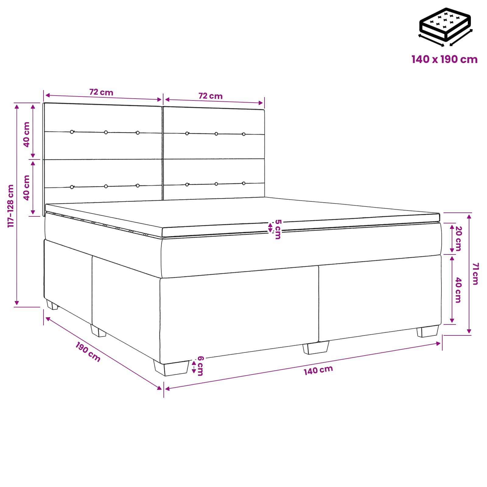 Boxspringbed met matras met hoofdeinde Zwart 140 x 190 cm Stof