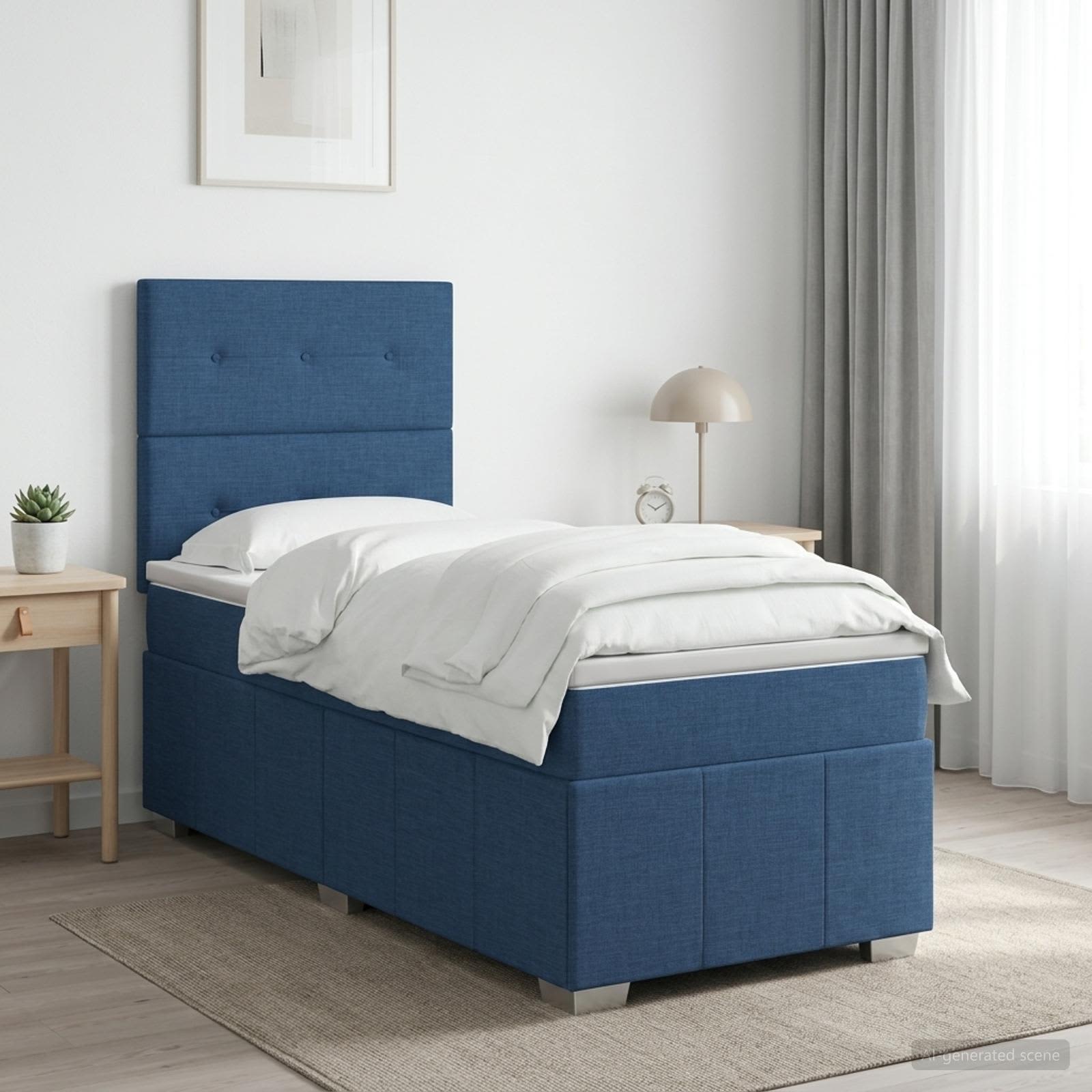LED Boxspring Bed met Matras Blauw 90 x 200 cm Stof