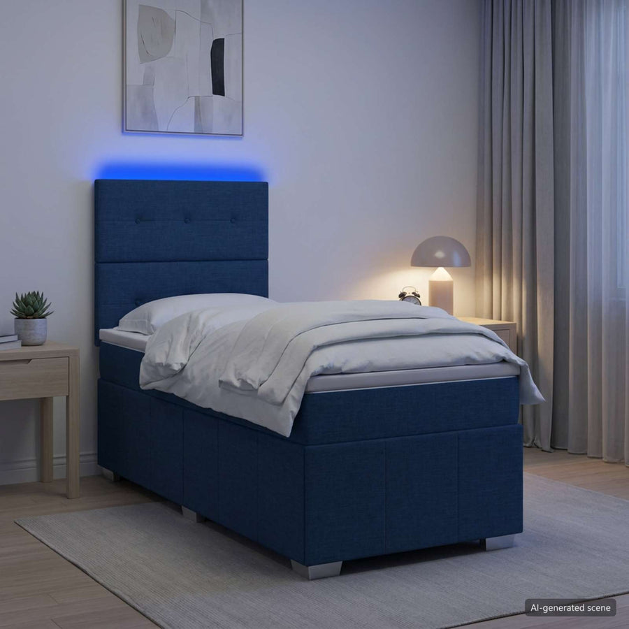 LED Boxspring Bed met Matras Blauw 90 x 200 cm Stof