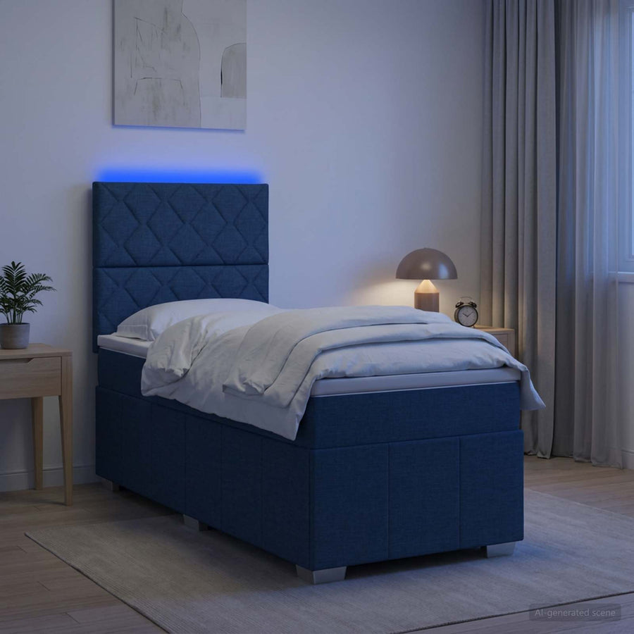 LED Boxspring Bed met Matras Blauw 90 x 200 cm Stof
