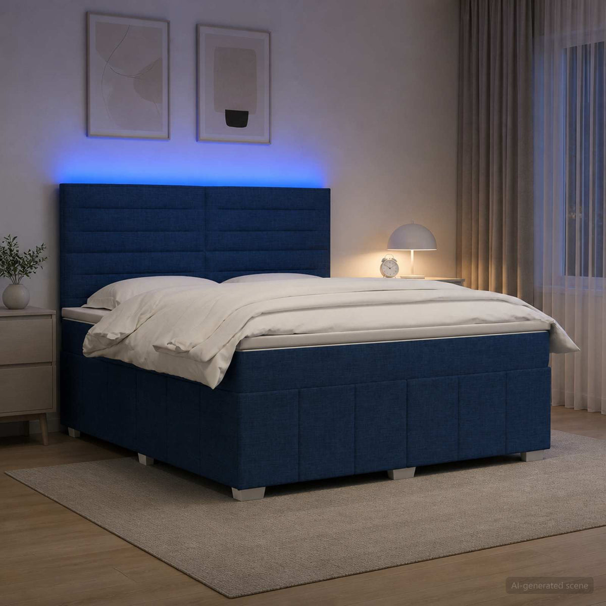 LED Boxspring Bed met Matras Blauw 160 x 200 cm Stof