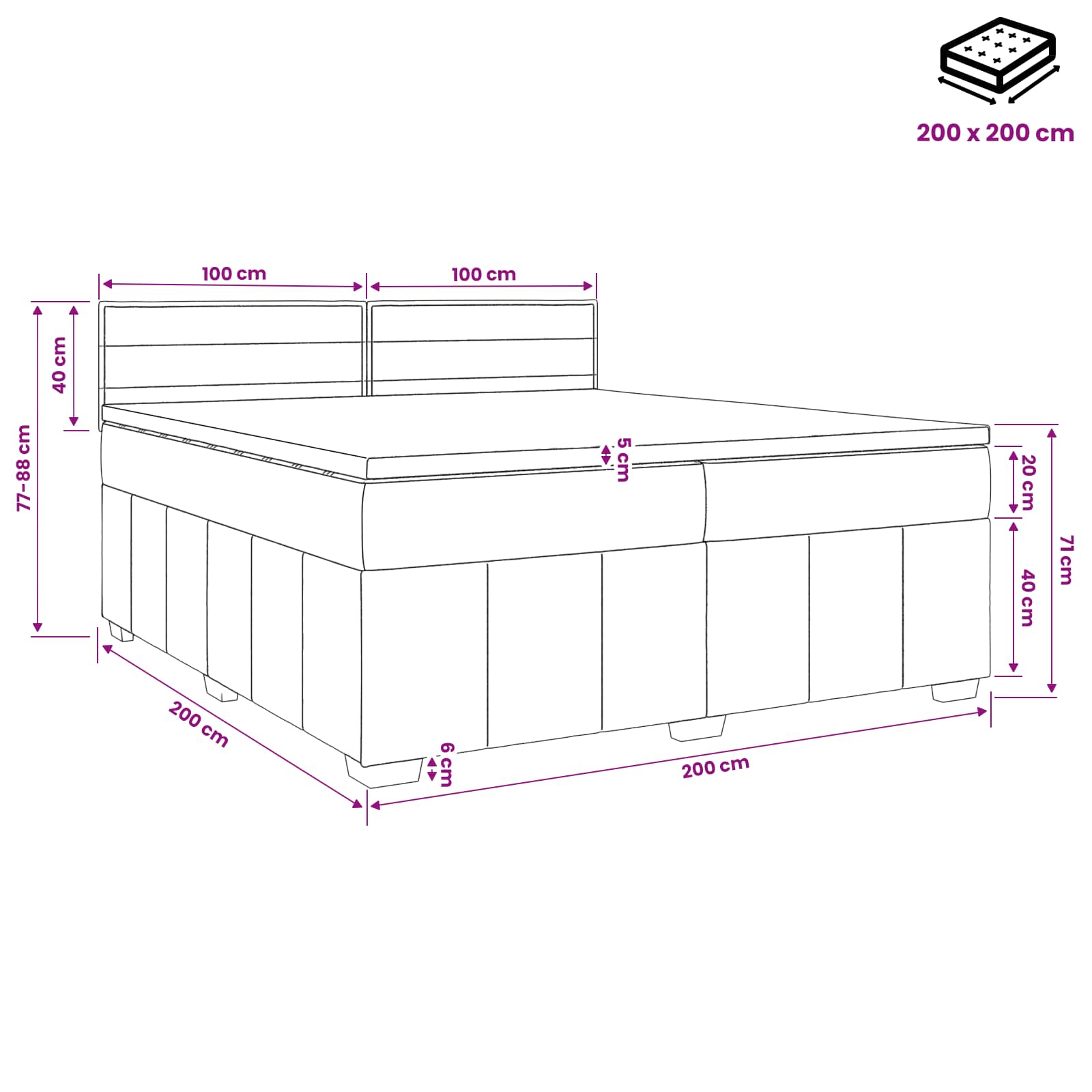 LED Boxspring Bed met Matras Donkergrijs 200 x 200 cm Stof