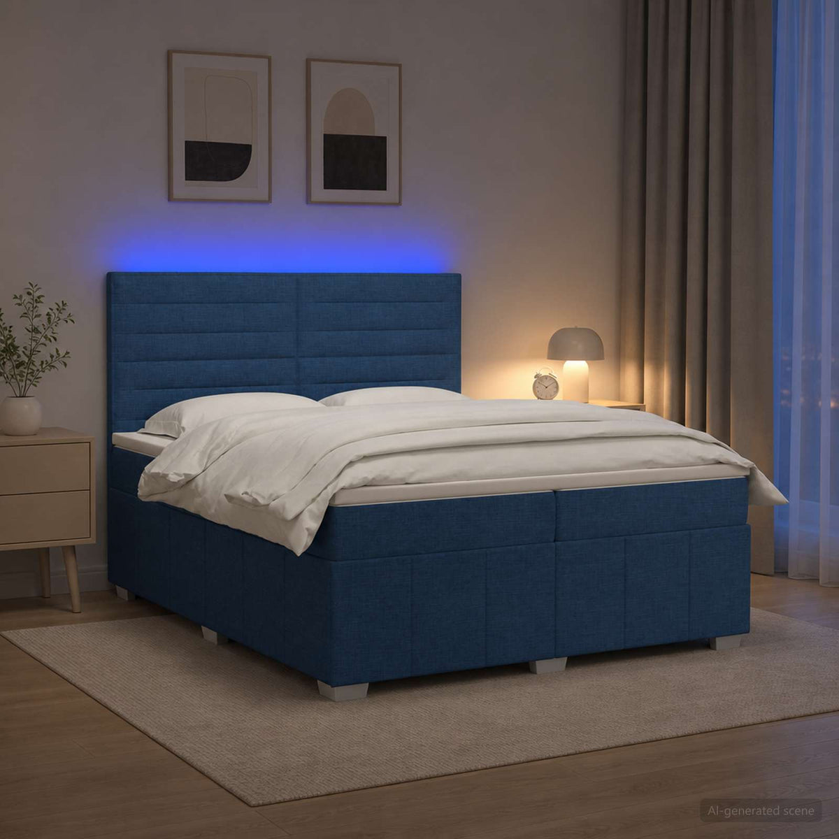 LED Boxspring Bed met Matras Blauw 200 x 200 cm Stof