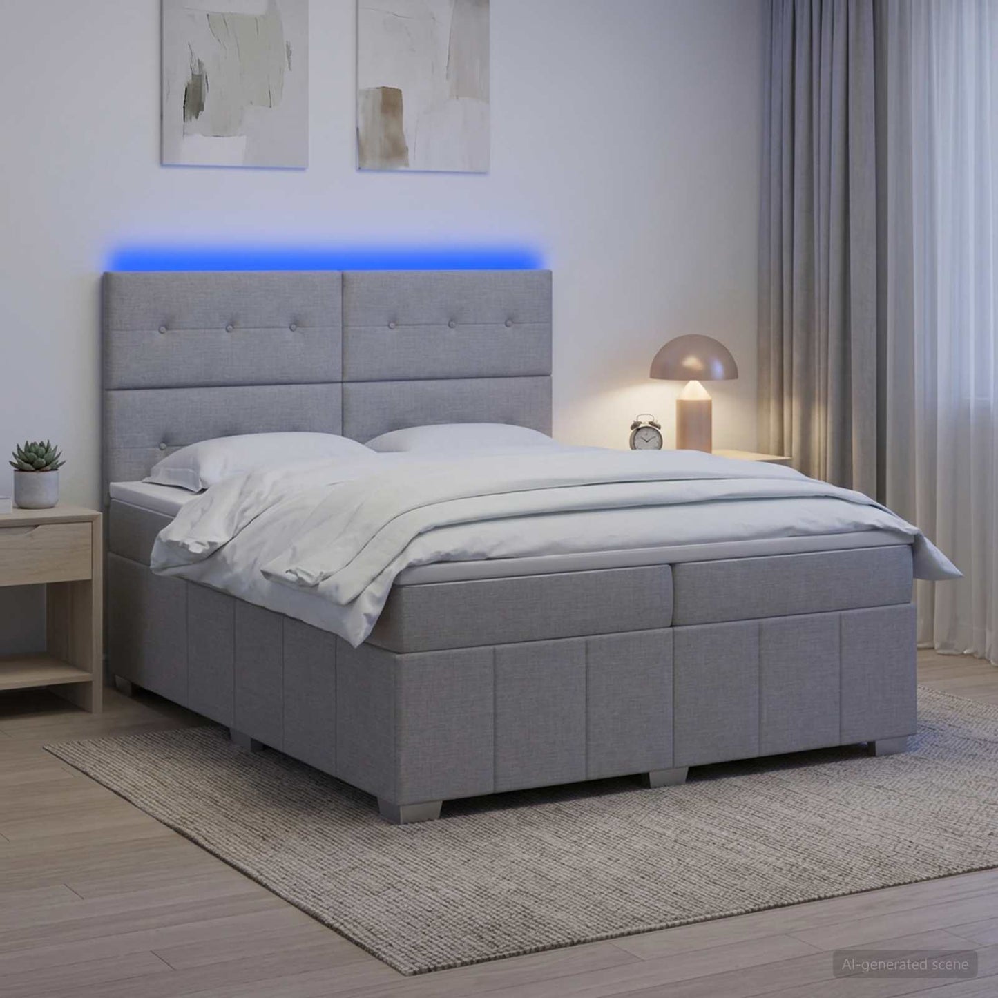 LED Boxspring Bed met Matras Lichtgrijs 200 x 200 cm Stof
