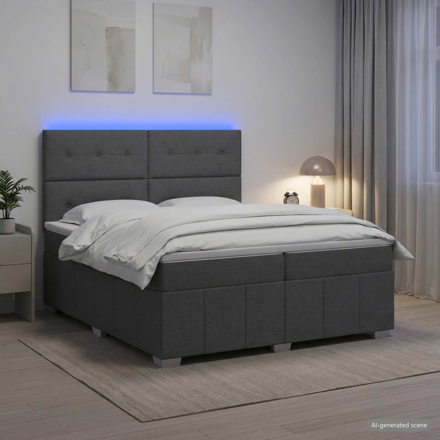 LED Boxspring Bed met Matras Donkergrijs 200 x 200 cm Stof
