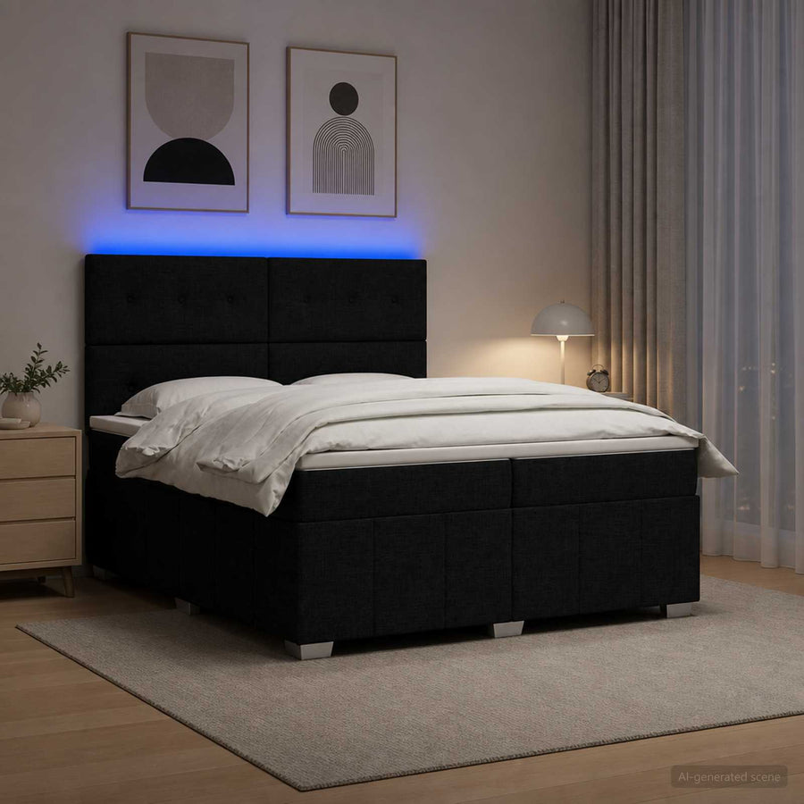 LED Boxspring Bed met Matras Zwart 200 x 200 cm Stof