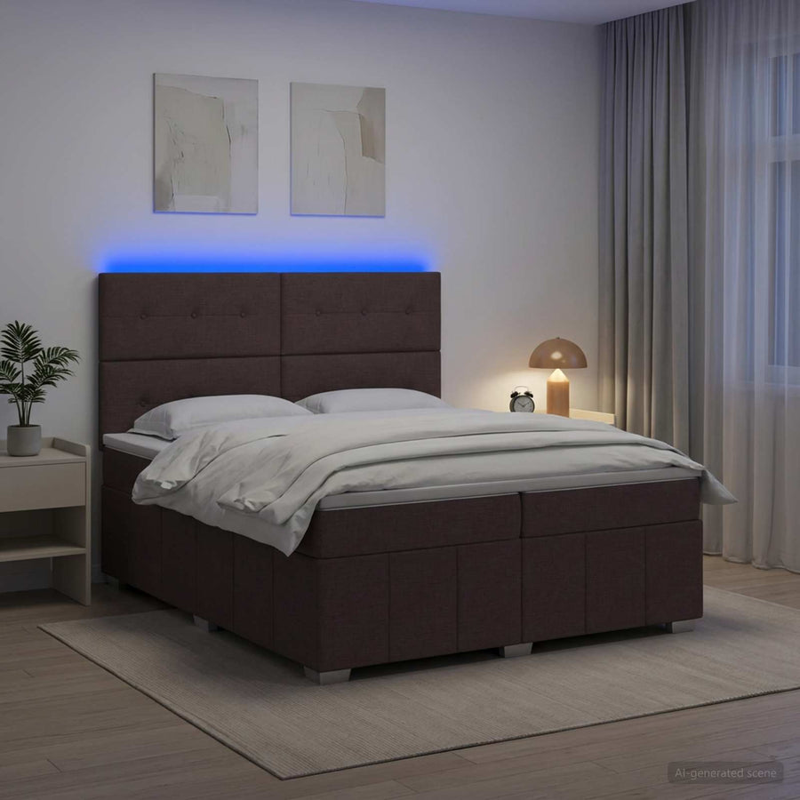 LED Boxspring Bed met Matras Donkerbruin 200 x 200 cm Stof