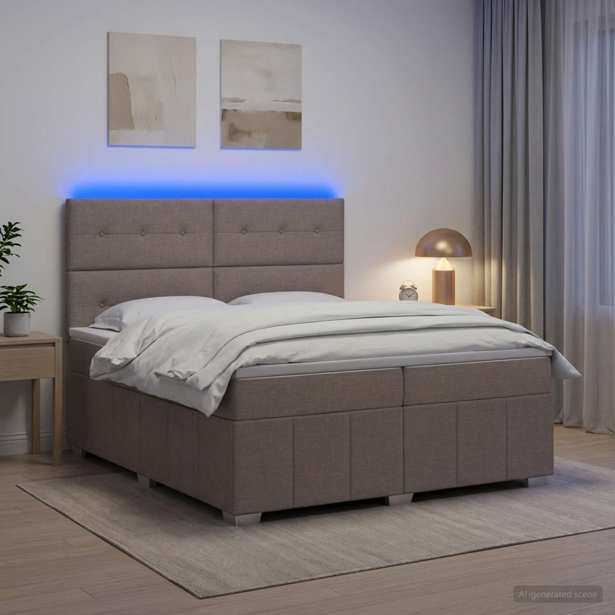 LED Boxspring Bed met Matras Taupe 200 x 200 cm Stof