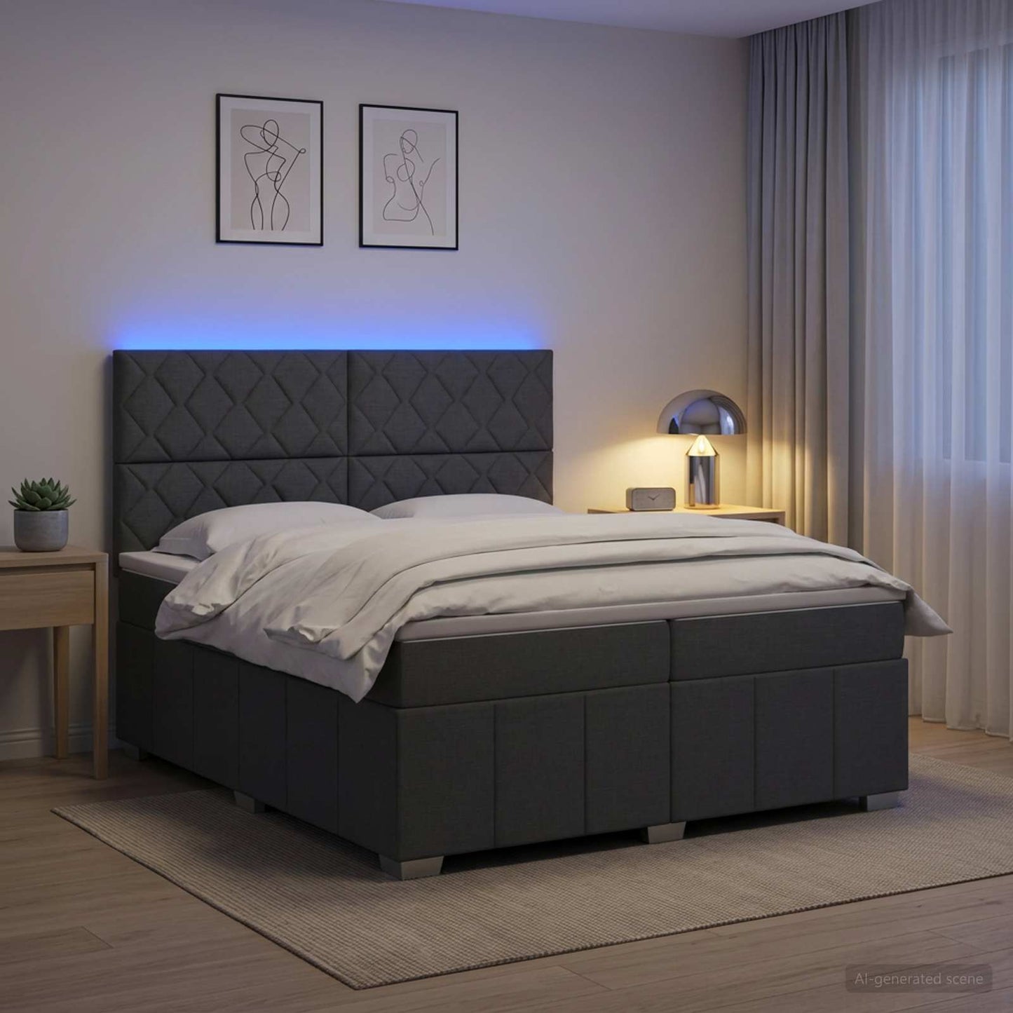 LED Boxspring Bed met Matras Donkergrijs 200 x 200 cm Stof
