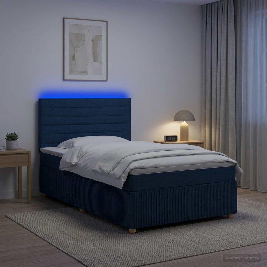 LED Boxspring Bed met Matras Blauw 100 x 200 cm Stof