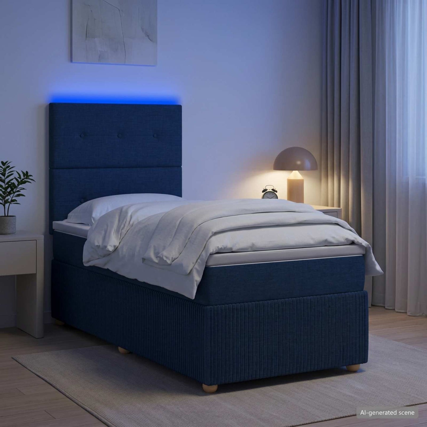 LED Boxspring Bed met Matras Blauw 90 x 200 cm Stof