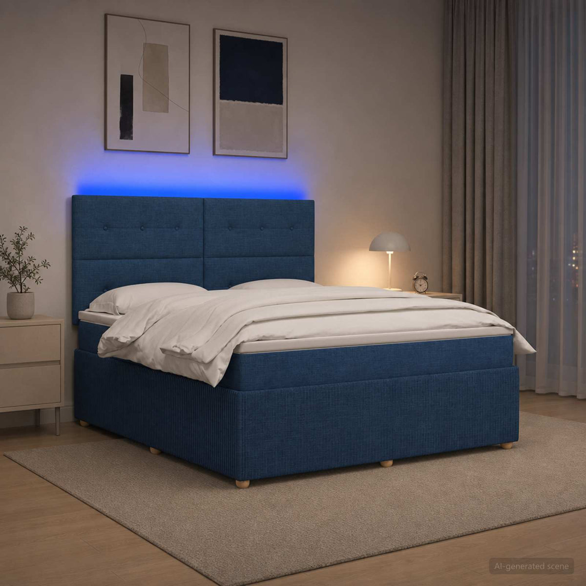 LED Boxspring Bed met Matras Blauw 180 x 200 cm Stof