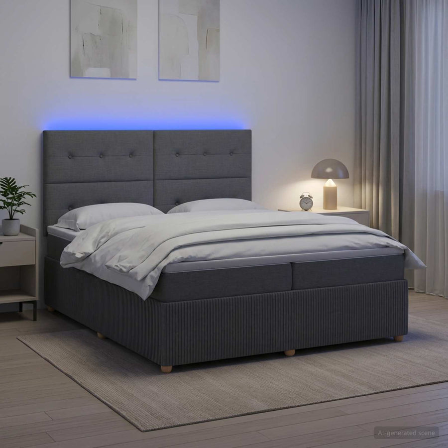 LED Boxspring Bed met Matras Donkergrijs 200 x 200 cm Stof