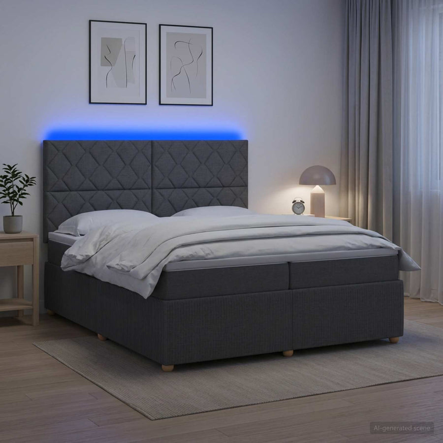 LED Boxspring Bed met Matras Donkergrijs 200 x 200 cm Stof