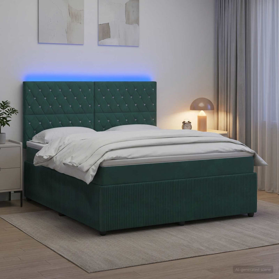 LED Boxspring Bed met Matras Donkergroen 180 x 200 cm Fluweel