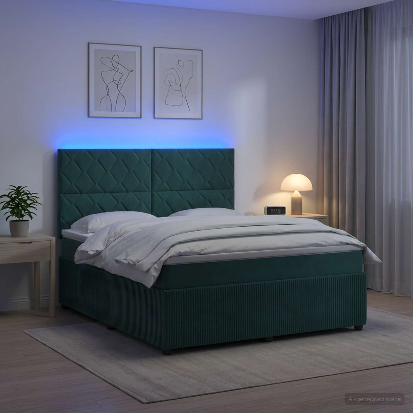 LED Boxspring Bed met Matras Donkergroen 160 x 200 cm Fluweel