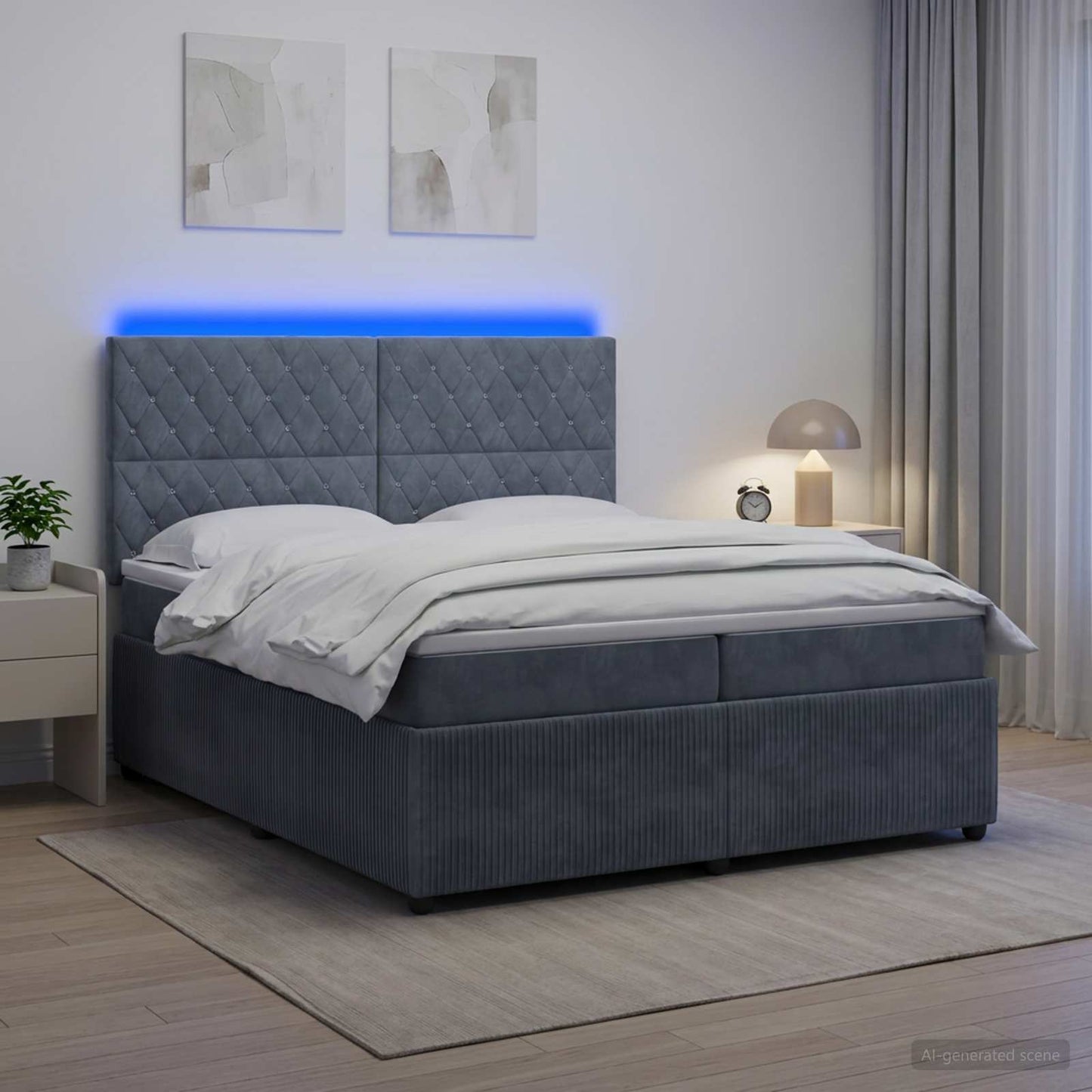 LED Boxspring Bed met Matras Donkergrijs 200 x 200 cm Fluweel
