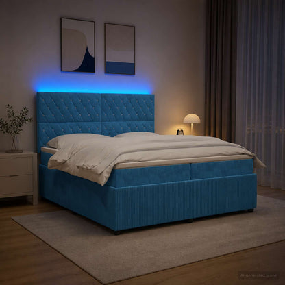 LED Boxspring Bed met Matras Blauw 200 x 200 cm Fluweel