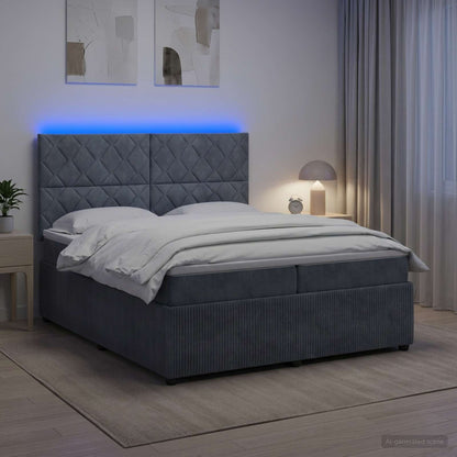 LED Boxspring Bed met Matras Donkergrijs 200 x 200 cm Fluweel