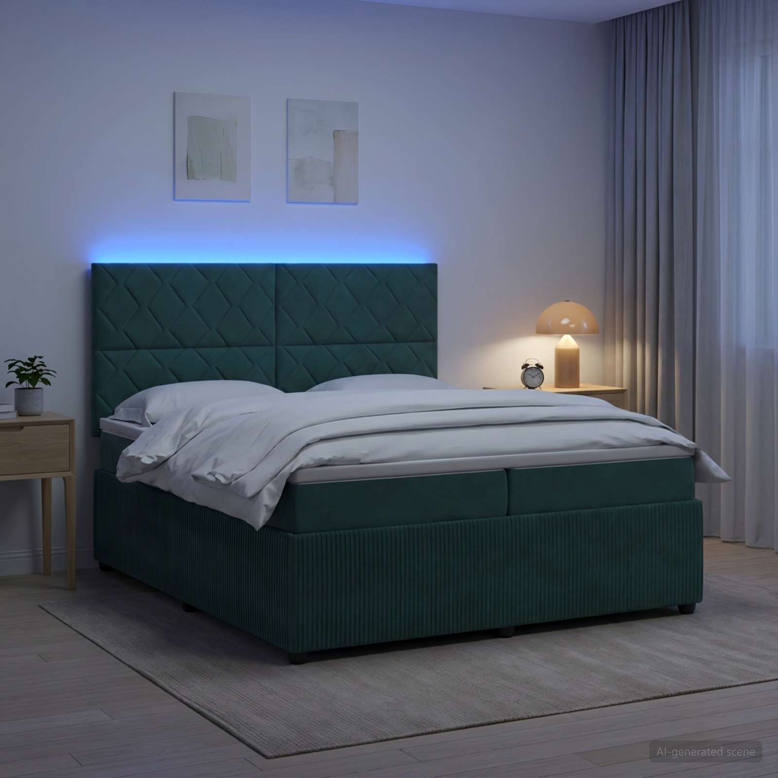 LED Boxspring Bed met Matras Donkergroen 200 x 200 cm Fluweel