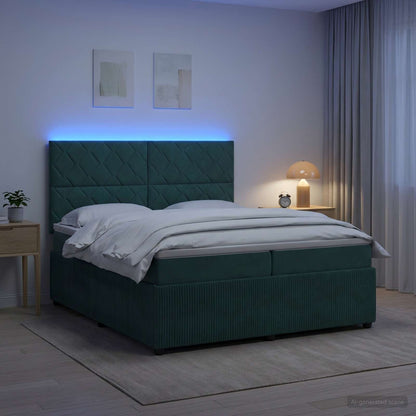 LED Boxspring Bed met Matras Donkergroen 200 x 200 cm Fluweel