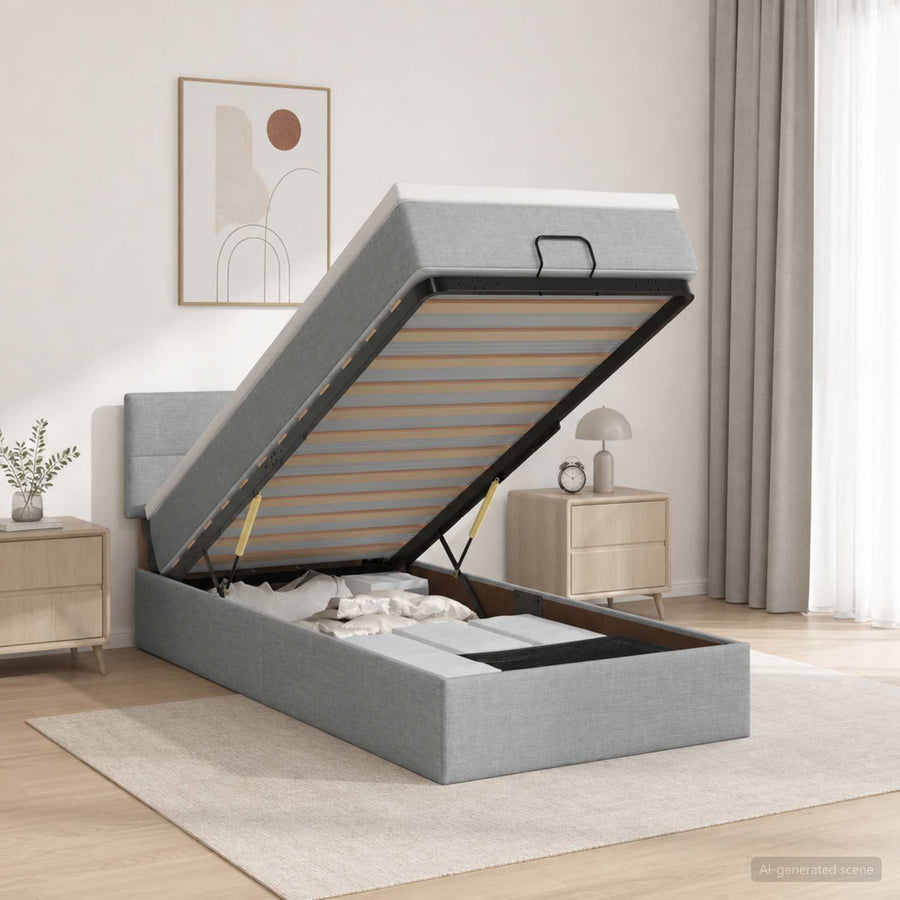 Ottoman Bed met Matrassen en LED Lichtgrijs 100 x 200 cm Stof