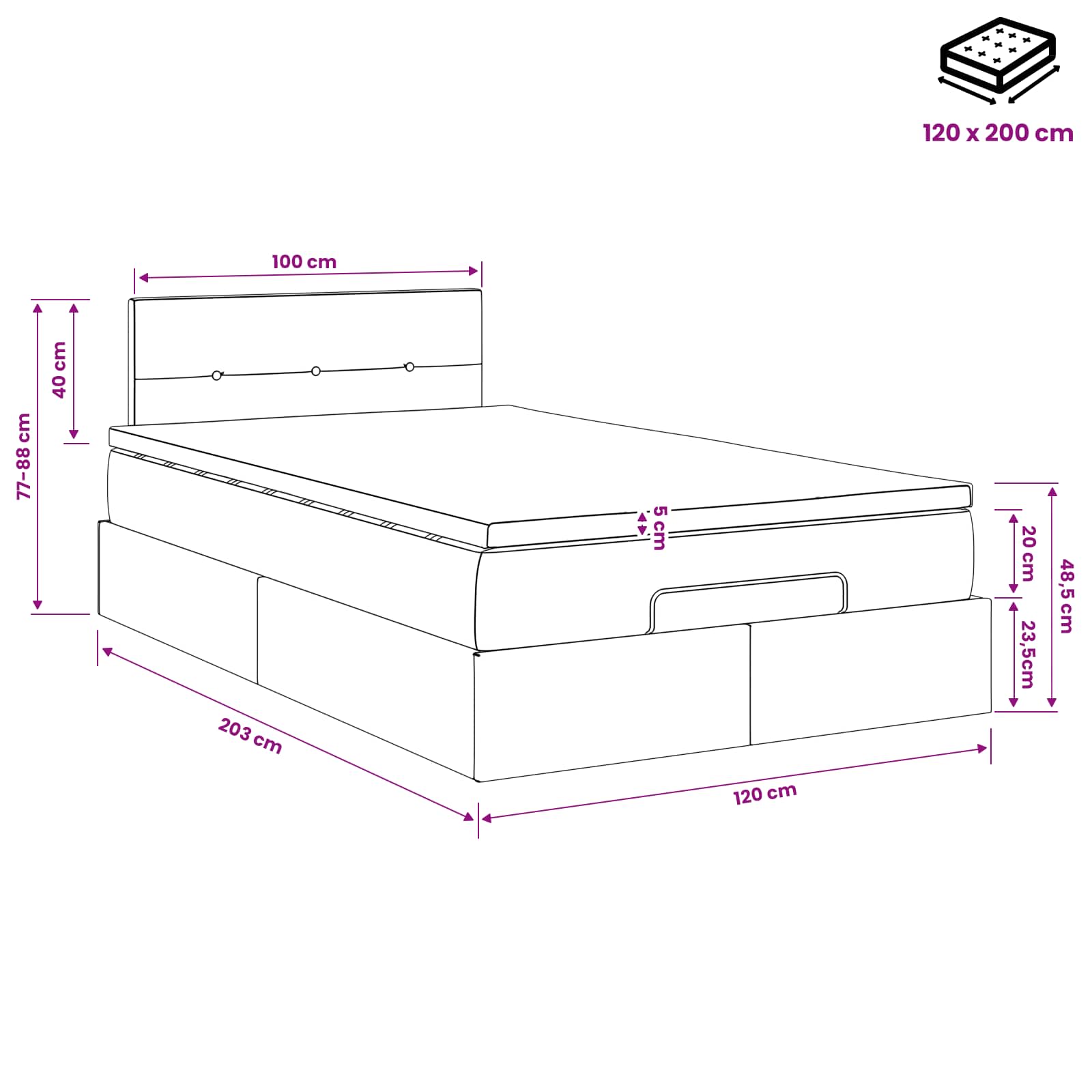 Ottoman bed met matras Donkergrijs 120 x 200 cm Stof