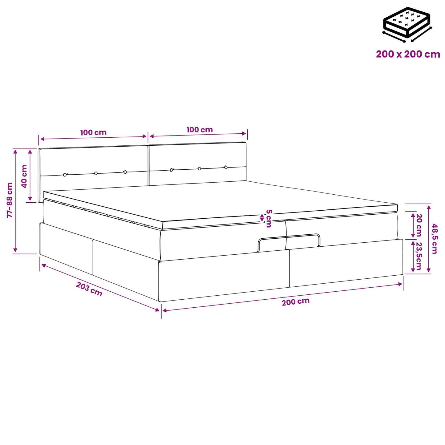 Ottoman bed met matras Zwart 200 x 200 cm Fluweel