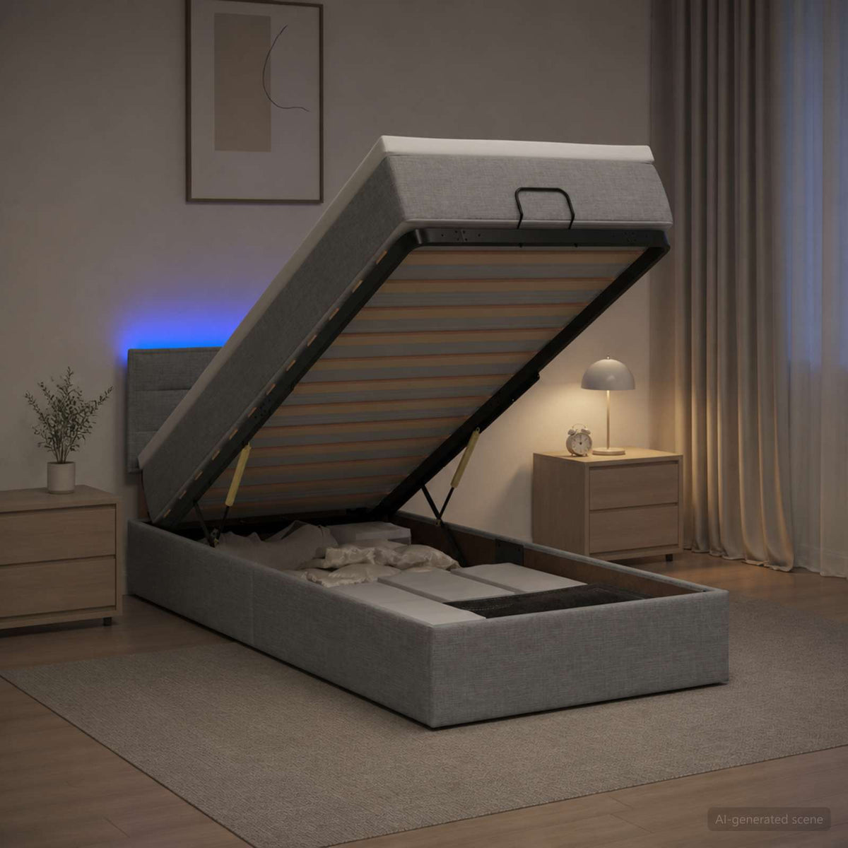 Ottoman Bed met Matrassen en LED Lichtgrijs 100 x 200 cm Stof