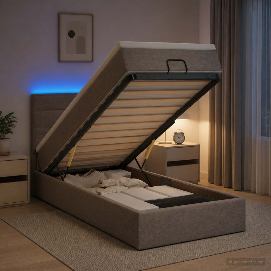 Ottoman Bed met Matrassen en LED Taupe 90 x 190 cm Stof