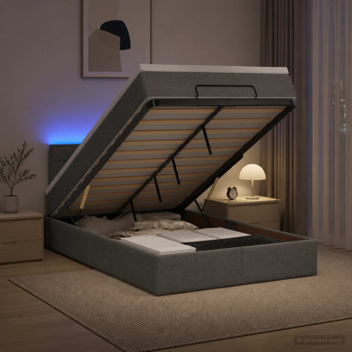 Ottoman Bed met Matrassen en LED Donkergrijs 120 x 190 cm Stof