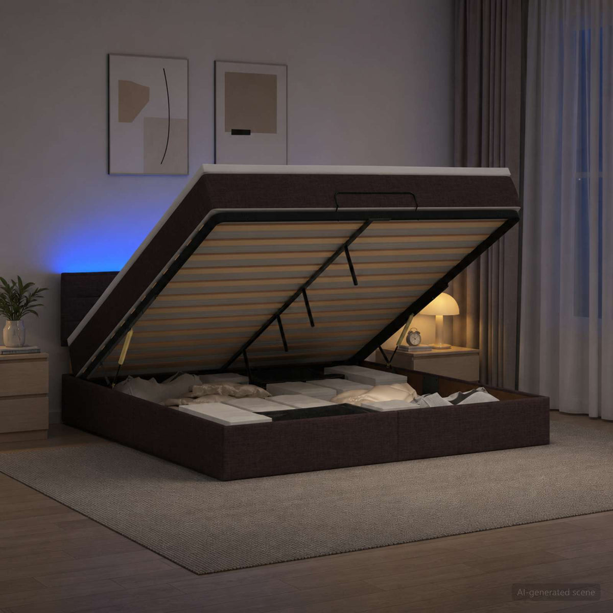 Ottoman Bed met Matrassen en LED Donkerbruin 140 x 200 cm Stof