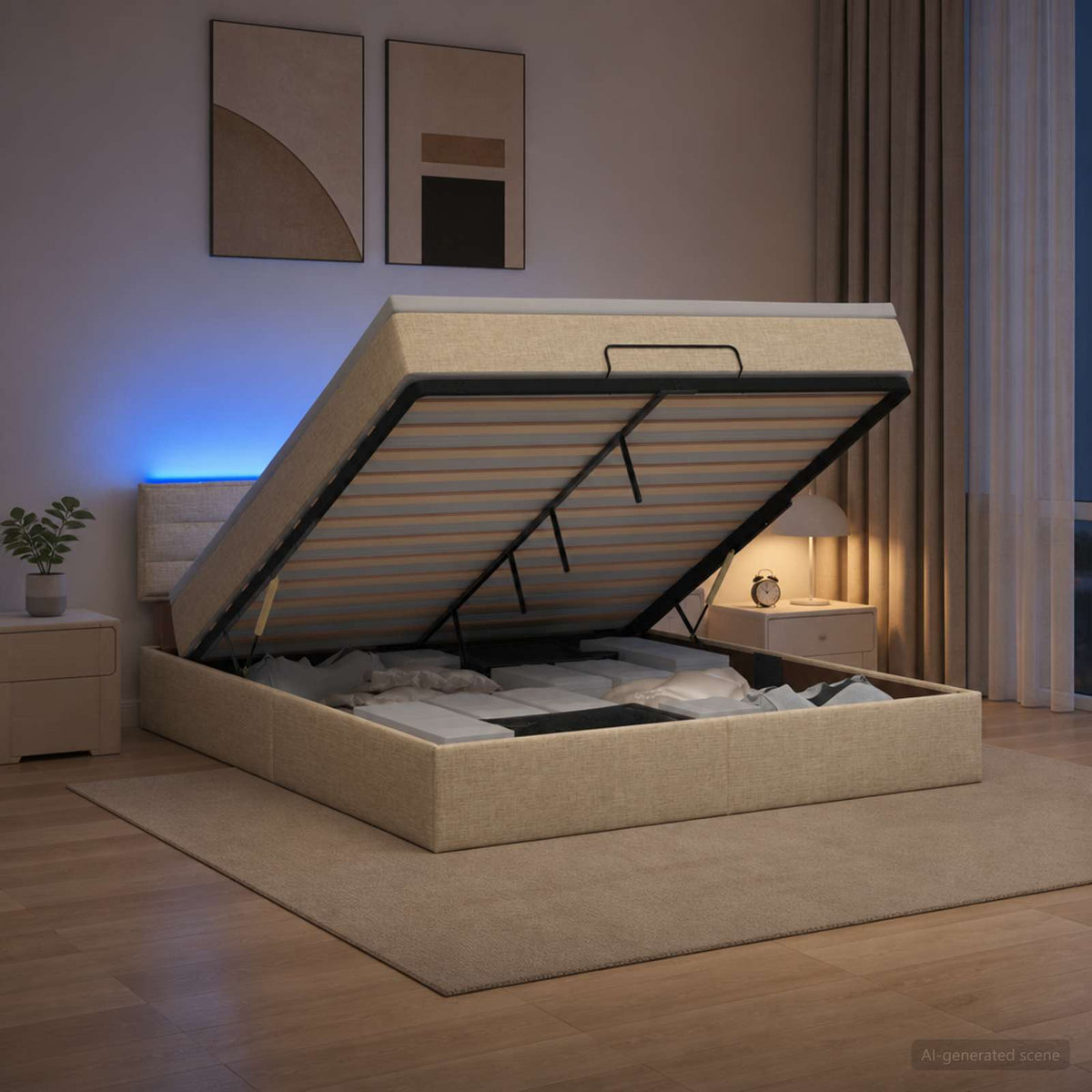 Ottoman Bed met Matrassen en LED Crèmekleurig 160 x 200 cm Stof