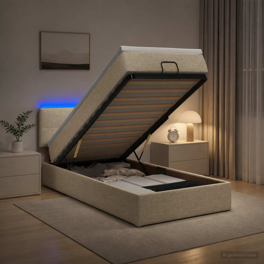 Ottoman Bed met Matrassen en LED Crèmekleurig 90 x 200 cm Stof