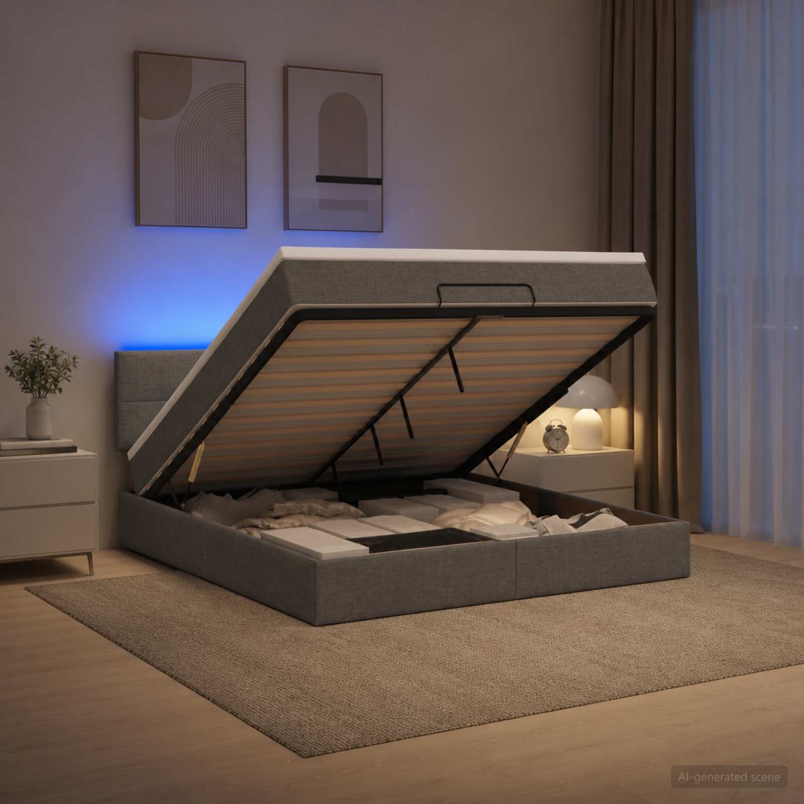 Ottoman Bed met Matrassen en LED Donkergrijs 180 x 200 cm Stof