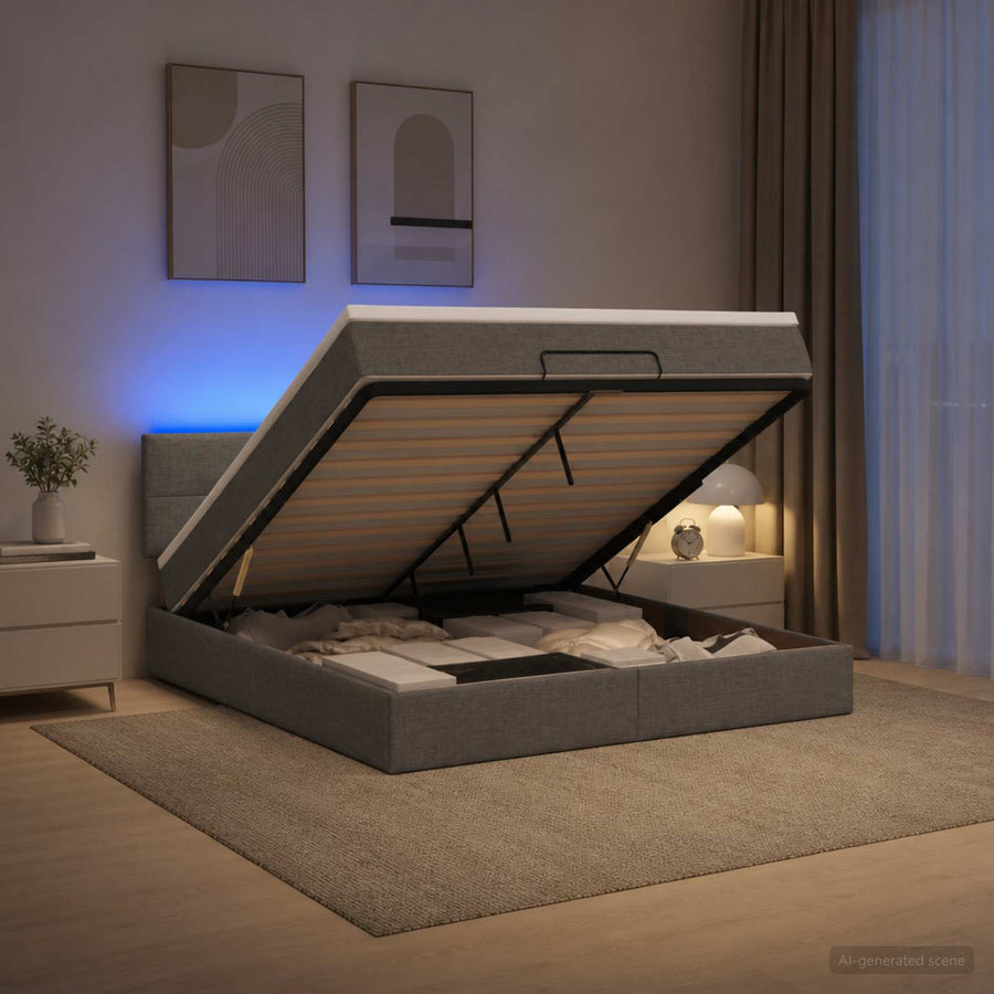 Ottoman Bed met Matrassen en LED Donkergrijs 180 x 200 cm Stof