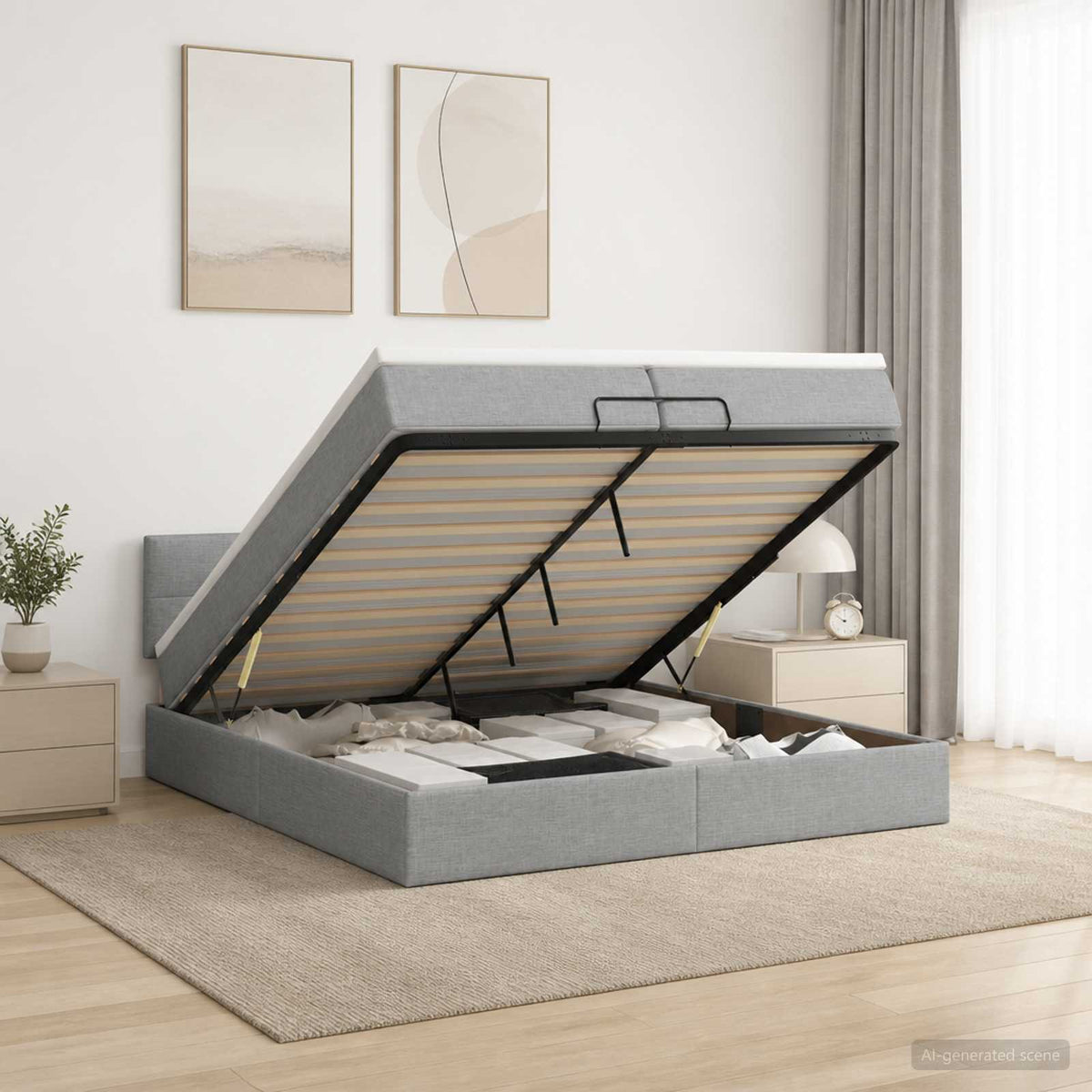 Ottoman Bed met Matrassen en LED Lichtgrijs 200 x 200 cm Stof