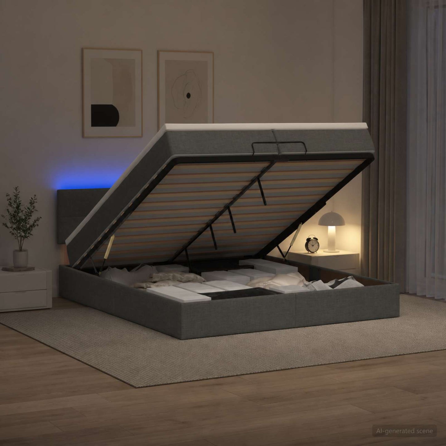 Ottoman Bed met Matrassen en LED Donkergrijs 200 x 200 cm Stof